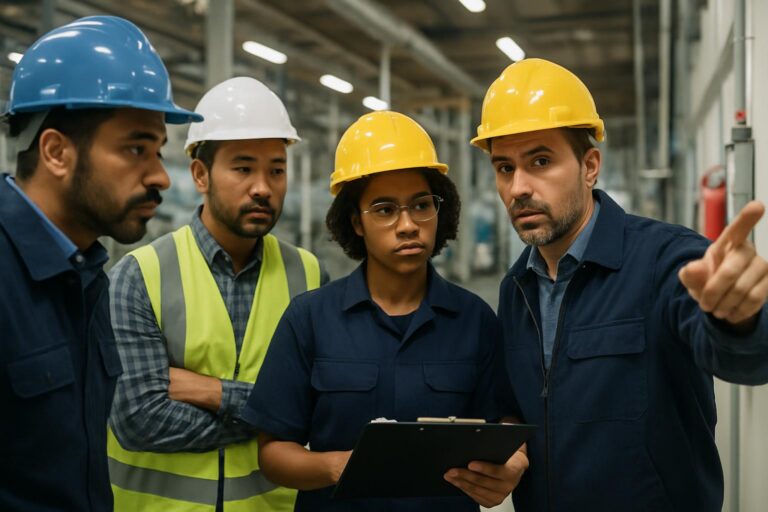 Four industrial workers in safety helmets and uniforms stand indoors; one man is pointing and explaining something, emphasizing workplace safety, while a woman holds a clipboard. Two other workers listen attentively in the background of a factory setting.