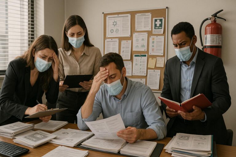 Four office workers wearing masks look stressed as they review paperwork around a desk covered in documents. Two people hold clipboards, one reads a report, and one holds a red folder. A bulletin board and fire extinguisher are in the background.