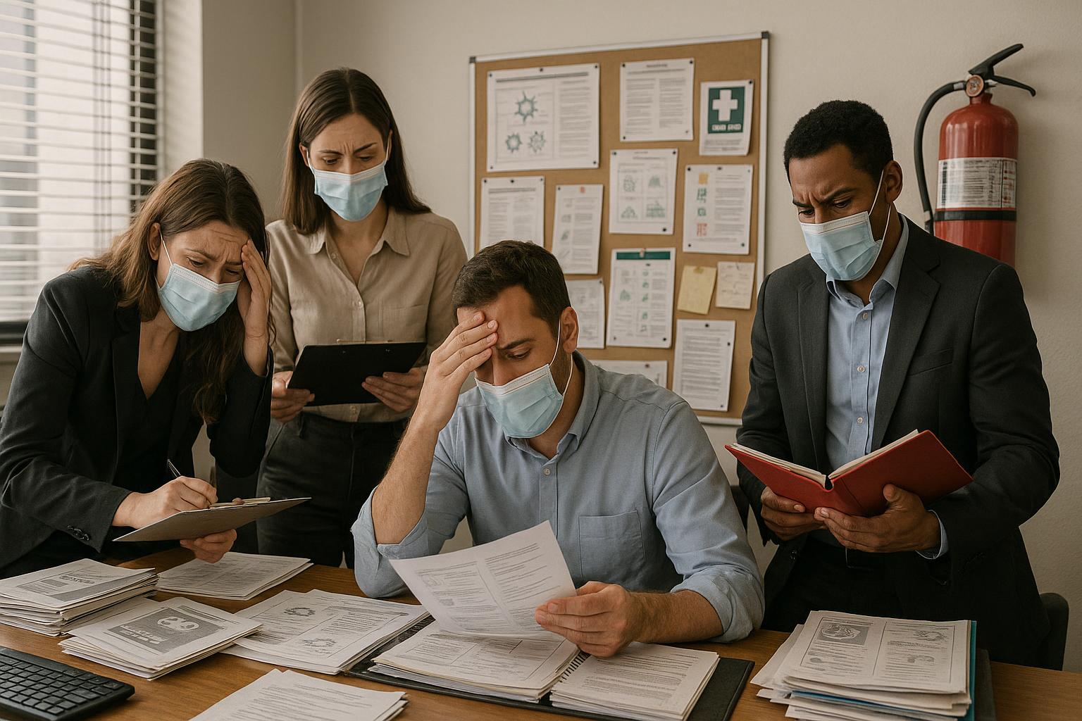 Four office workers wearing masks look stressed as they review paperwork around a desk covered in documents. Two people hold clipboards, one reads a report, and one holds a red folder. A bulletin board and fire extinguisher are in the background.