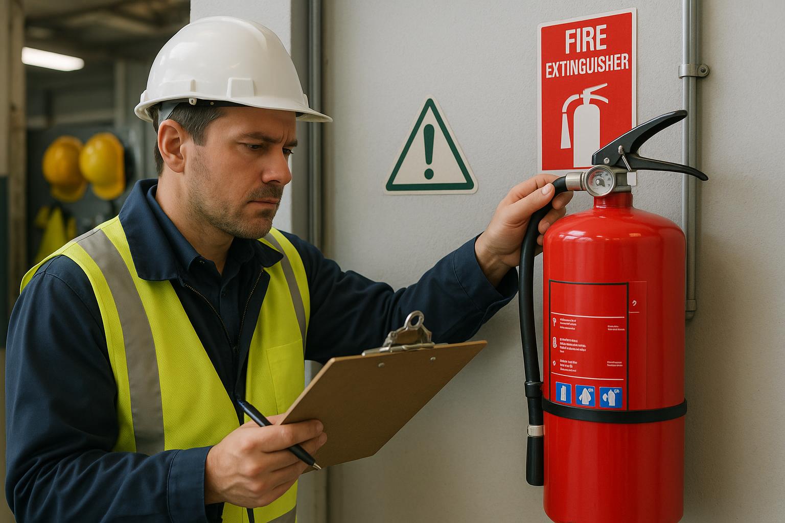 A man wearing a white hard hat and yellow safety vest inspects a wall-mounted fire extinguisher for annual verification, holding a clipboard and pen, in an industrial setting. Safety signs are visible on the wall behind him.