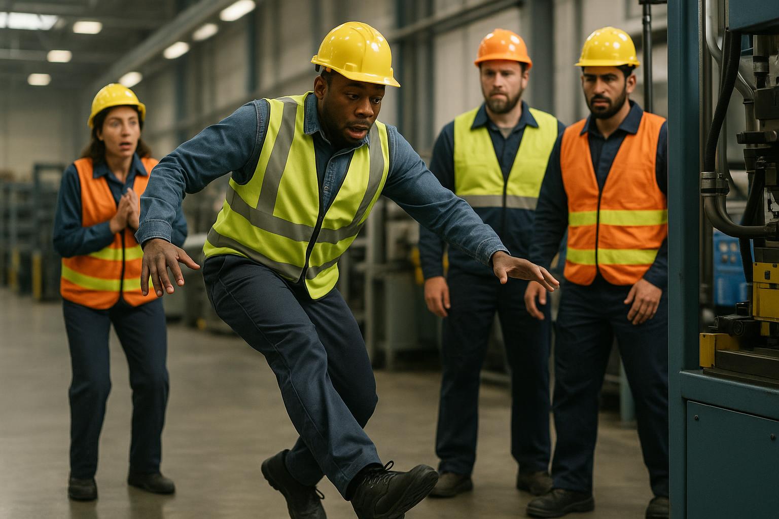 A construction worker in a yellow helmet and safety vest is tripping and falling in a factory, highlighting near misses, while three coworkers in safety gear watch with concern in the background.