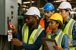 A group of four workers in safety vests and helmets observe as one performs a lockout tagout on a control panel. Another holds a checklist, emphasizing inspections and safety procedures in an industrial setting.