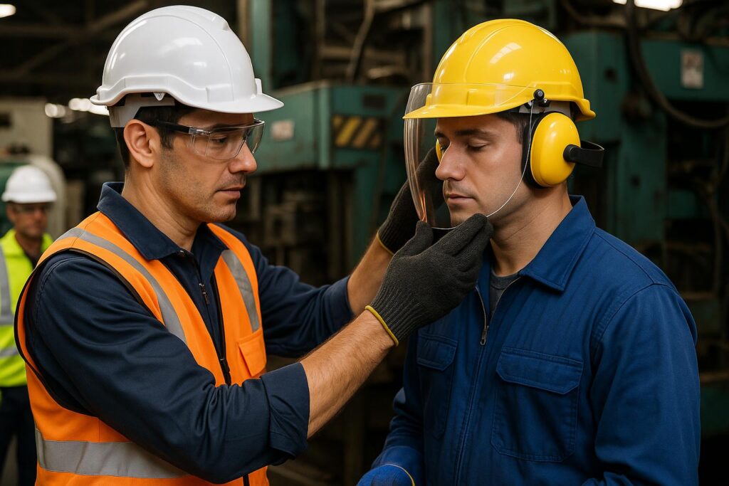 Two workers in safety gear stand in a factory. One adjusts the other’s face shield, highlighting PPE needs as tasks change. Both wear hard hats, safety glasses, and protective clothing. Machinery and another worker are visible in the background.