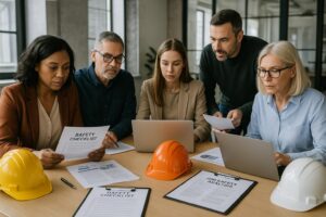 Five people sit around a table with laptops, "Safety Checklist" documents, and three hard hats, discussing job safety analysis and risk management in an office setting to prevent outdated JSAs from impacting workplace safety.