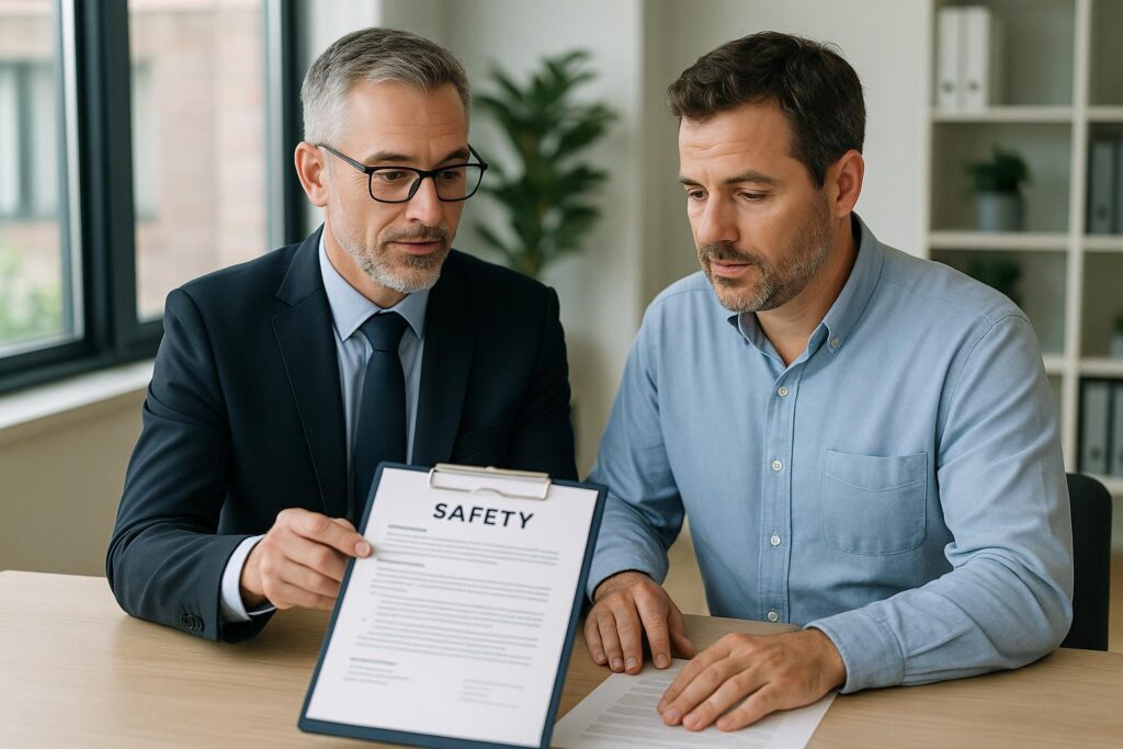 Two men sit at a desk in an office. One man in a suit holds a clipboard displaying a "SAFETY" document, discussing safety management with the other man in a blue shirt. Shelves and a plant are visible in the background.