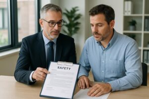 Two men sit at a desk in an office. One man in a suit holds a clipboard displaying a "SAFETY" document, discussing safety management with the other man in a blue shirt. Shelves and a plant are visible in the background.