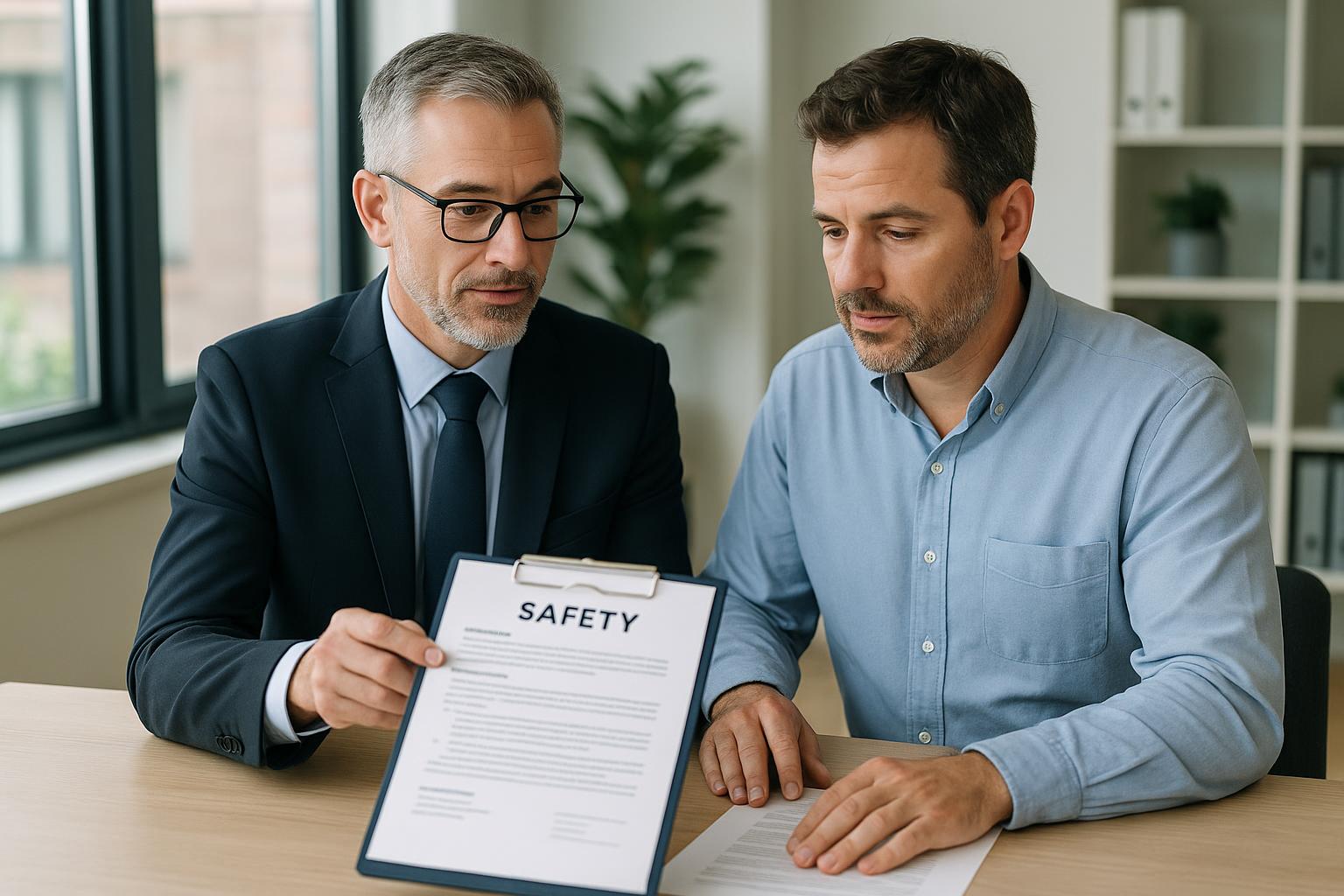 Two men sit at a desk in an office. One man in a suit holds a clipboard displaying a "SAFETY" document, discussing safety management with the other man in a blue shirt. Shelves and a plant are visible in the background.
