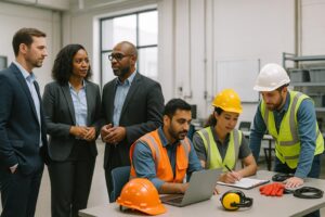 A group of engineers and business professionals, some in suits and others in safety gear, gather around a desk in an industrial office, collaborating on a project with a laptop and documents.