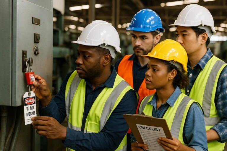A group of four workers in safety vests and helmets observe as one performs a lockout tagout on a control panel. Another holds a checklist, emphasizing inspections and safety procedures in an industrial setting.