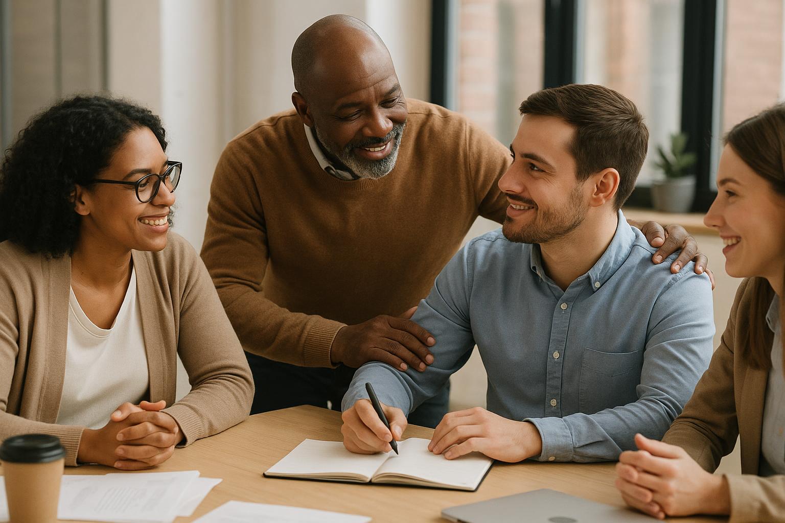 Four colleagues sit around a table having a friendly discussion about mentorship. One person takes notes while an older man, part of their Safety Mentorship Programs, stands behind him smiling and resting a hand on his shoulder. They all appear engaged and happy.