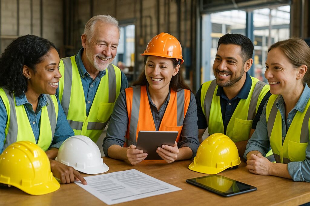 A diverse group of five construction workers in safety gear, including vests and helmets, smiles and gathers around a table with documents and tablets, engaging in a toolbox talk focused on incident prevention in an industrial setting.