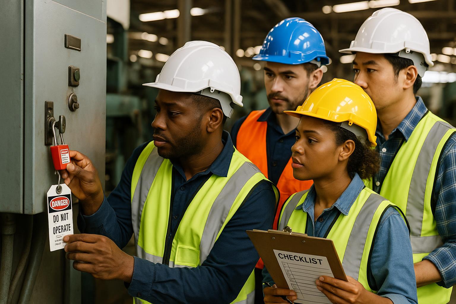 A group of four workers in safety vests and helmets observe as one performs a lockout tagout on a control panel. Another holds a checklist, emphasizing inspections and safety procedures in an industrial setting.