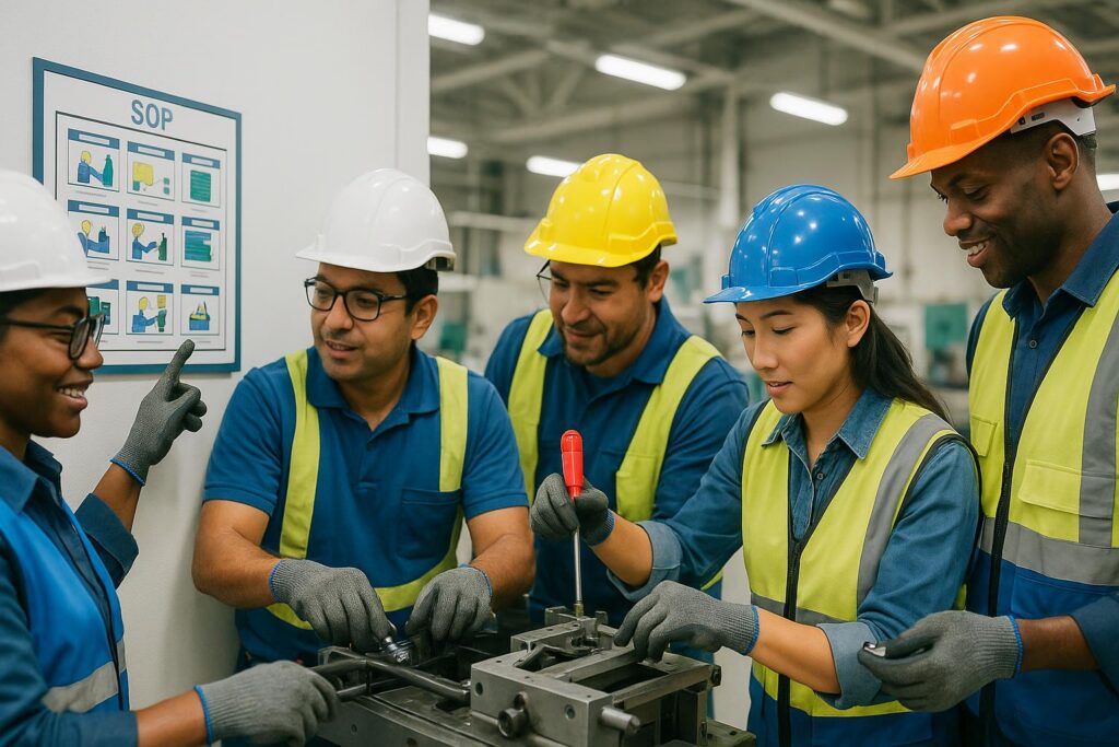 Five factory workers wearing hard hats and safety vests stand around machinery, with one pointing at an SOP placard on the wall. The group appears engaged and focused on the task, demonstrating their commitment to safe work practices.
