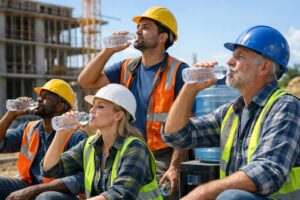 Four construction workers in safety vests and helmets take a break to drink bottled water at a worksite, highlighting the importance of hydration and workplace safety, with a building under construction in the background.