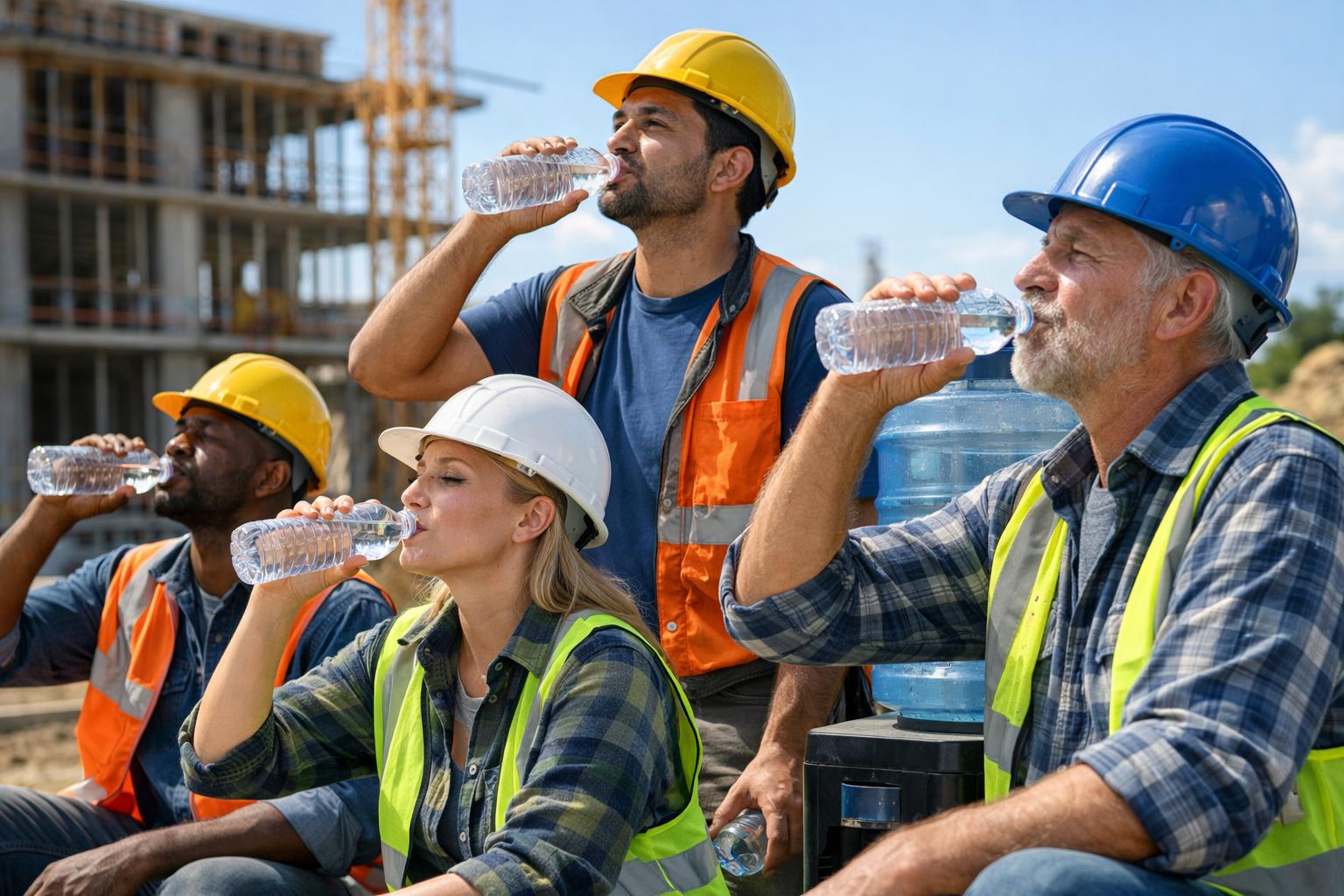 Four construction workers in safety vests and helmets take a break to drink bottled water at a worksite, highlighting the importance of hydration and workplace safety, with a building under construction in the background.