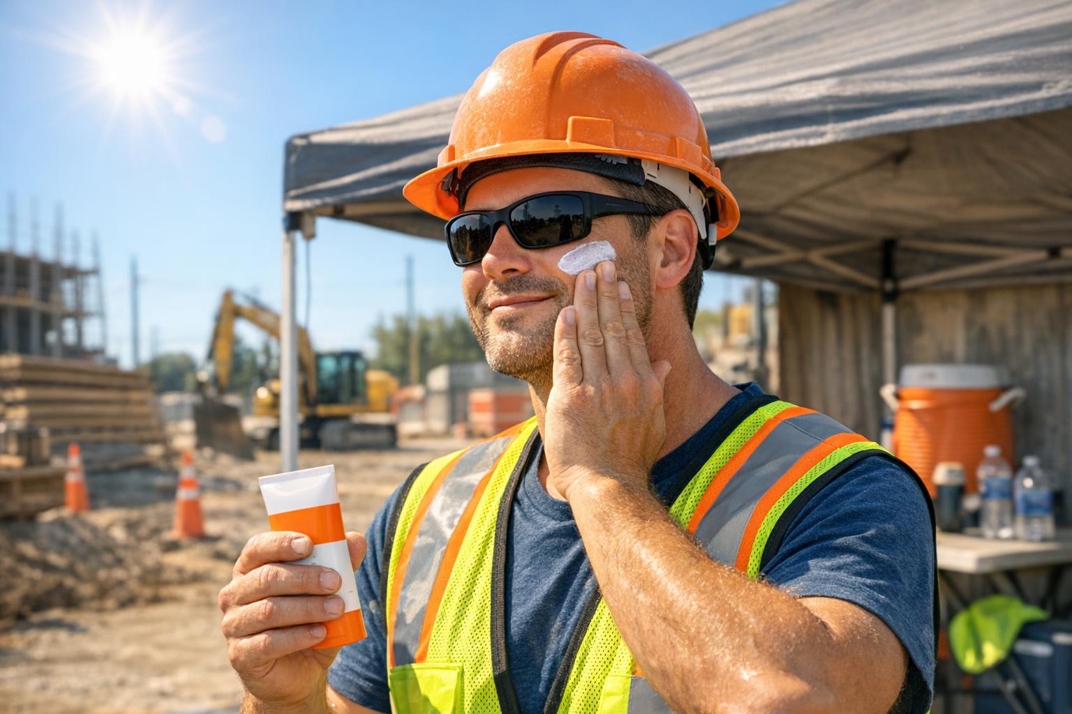 Construction worker wearing a hard hat, safety vest, and sunglasses applies sunscreen to his face while standing at a sunny construction site. He is smiling and holding a tube of sunscreen with construction equipment in the background, taking important precautions against sun exposure—a serious risk for those working outdoors.