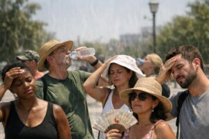 A group of people wearing hats wipe sweat and cool off with water and a fan on a hot, sunny day outdoors, appearing overheated and tired as they focus on preventing heat exhaustion.