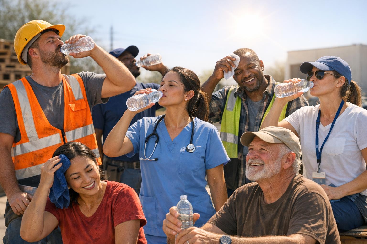 A diverse group of workers and medical staff take a break outdoors, drinking water and cooling off in the sun. They appear hot and tired from dehydration, but are smiling and enjoying the rest as they rehydrate together.