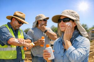 Three outdoor workers wear hats and sunglasses while applying sunscreen to block the rays and protect themselves from the sun. The sky is clear, and the sun is shining brightly.