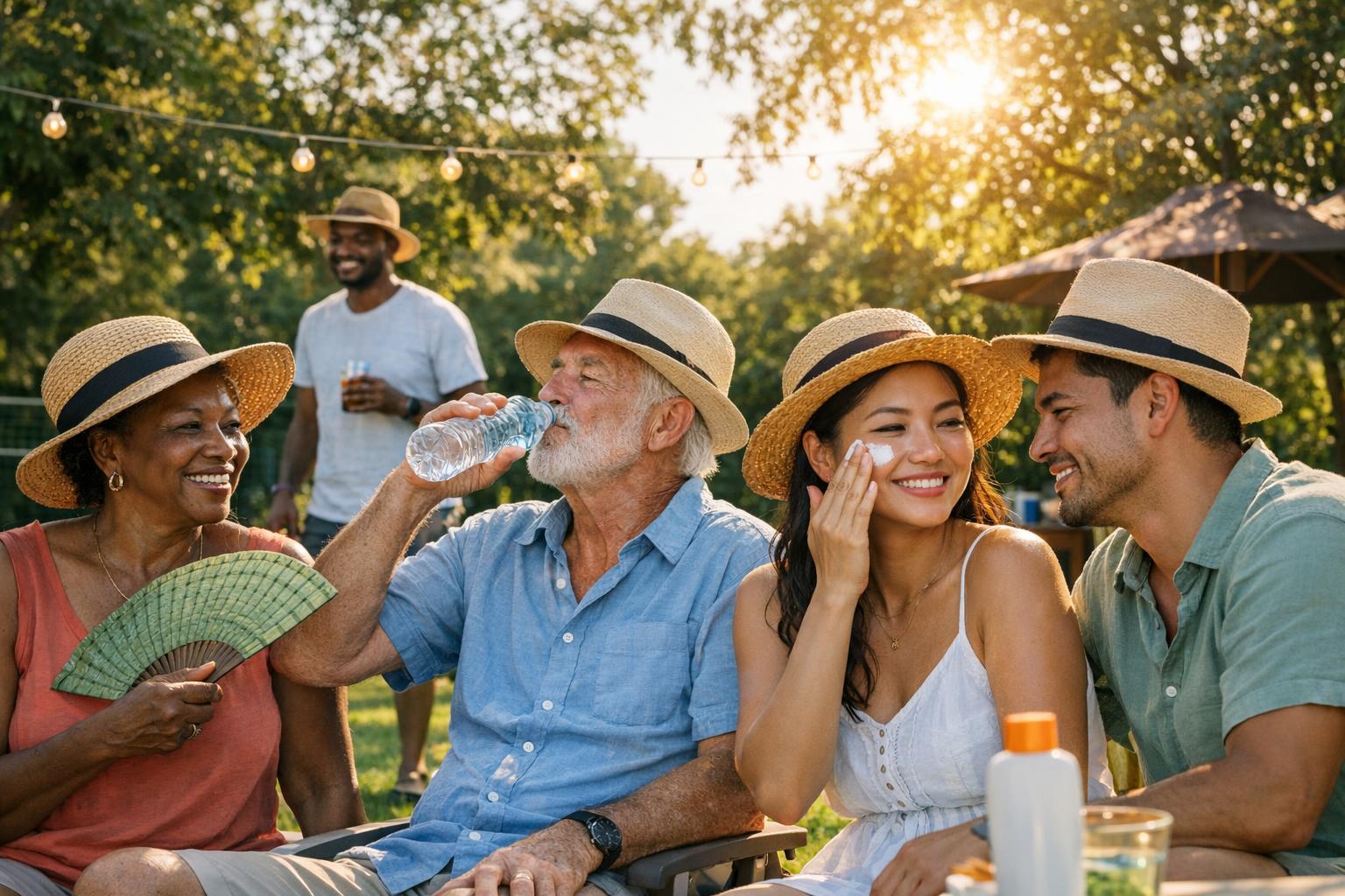 A group of five people sit outdoors on a sunny day, smiling and laughing. One person drinks water, another holds a fan, and everyone wears summer hats—simple steps to safeguard summer health during the late-summer heat. Trees and warm sunlight fill the background.
