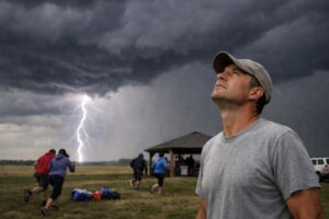 A man in a gray shirt and cap looks up at a dark, stormy sky as lightning strikes, highlighting the dangers of lightning. Several people in the background run for shelter near a pavilion, practicing lightning safety as rain falls heavily over an open grassy field.