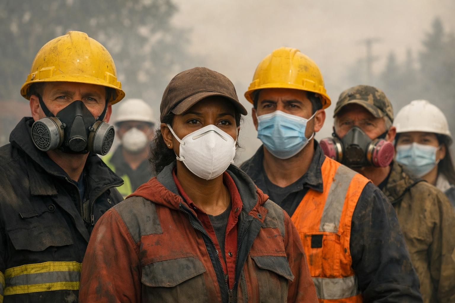 A group of workers wearing helmets and protective masks stand together outdoors in smoky or hazy conditions, with serious expressions on their faces, highlighting the wildfire health risks posed by exposure to wildfire smoke.