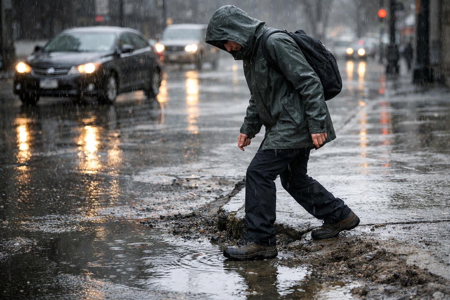 A person in a hooded rain jacket and backpack steps carefully through a large puddle on a rainy city street, mindful of safety as they navigate the dangerous wet conditions, with cars and headlights visible in the background.
