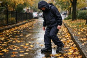 A person in a dark raincoat and pants steps in a puddle on a wet, leaf-covered sidewalk during a rainy autumn day, highlighting the increased risk of slipping associated with wet autumn conditions. Trees with yellow leaves line the street in the background.