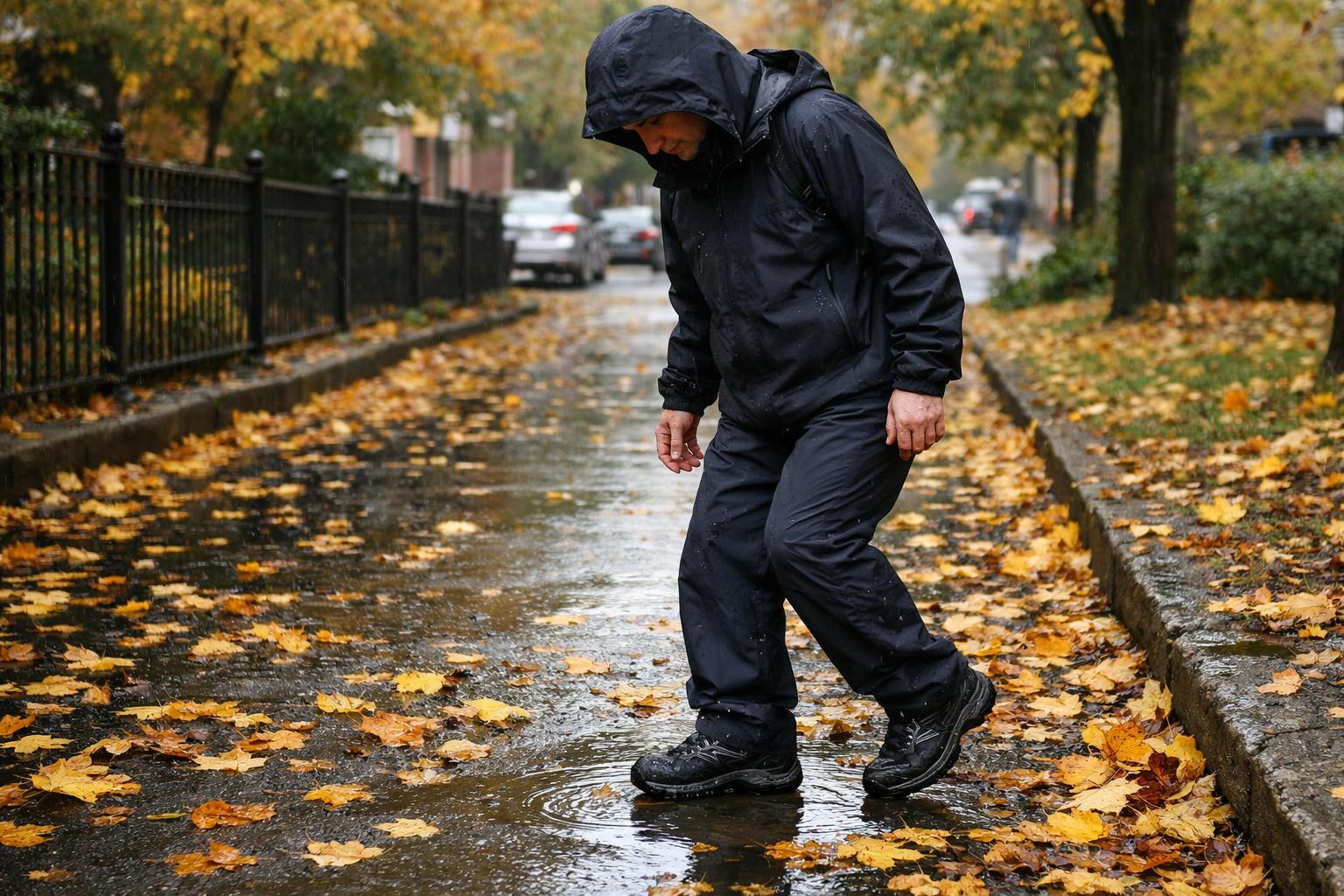 A person in a dark raincoat and pants steps in a puddle on a wet, leaf-covered sidewalk during a rainy autumn day, highlighting the increased risk of slipping associated with wet autumn conditions. Trees with yellow leaves line the street in the background.