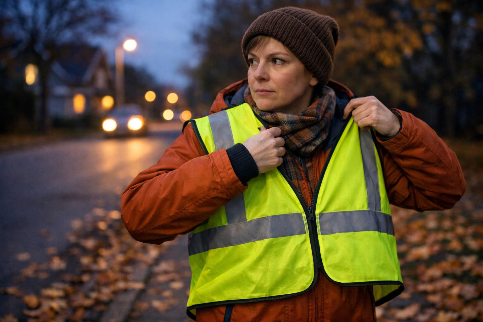 A person wearing a brown beanie, orange coat, and checkered scarf adjusts a bright yellow reflective vest while standing on a leaf-covered street at dusk. Car headlights are visible in the background.