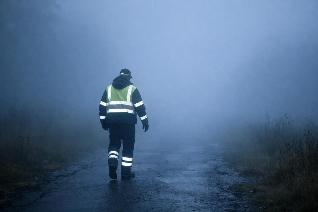 A person wearing a reflective jacket walks alone on a wet, foggy road surrounded by mist and overgrown grass, highlighting the risk that comes with low visibility in such dense fog.