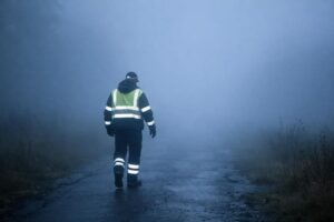 A person wearing a reflective jacket walks alone on a wet, foggy road surrounded by mist and overgrown grass, highlighting the risk that comes with low visibility in such dense fog.