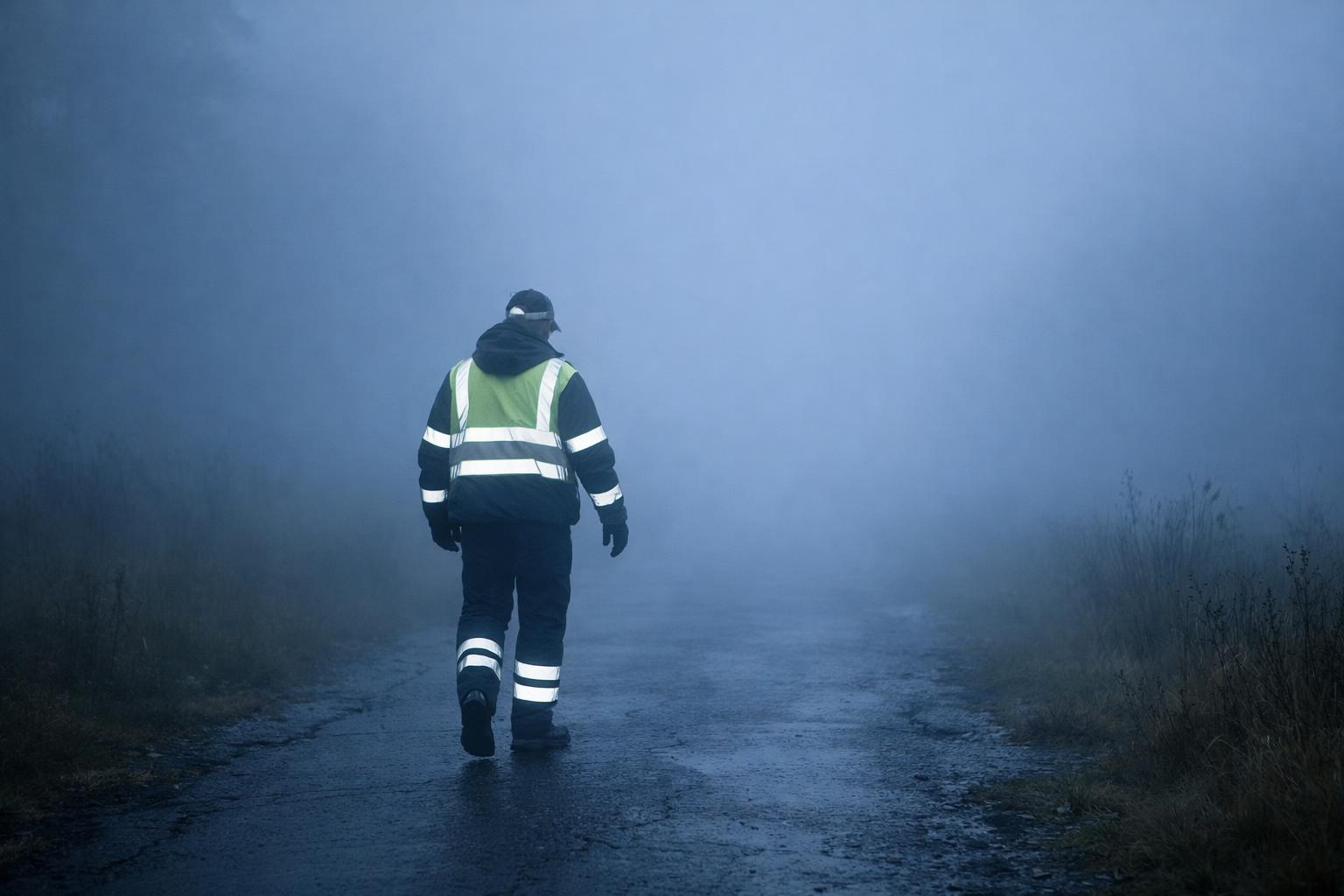 A person wearing a reflective jacket walks alone on a wet, foggy road surrounded by mist and overgrown grass, highlighting the risk that comes with low visibility in such dense fog.