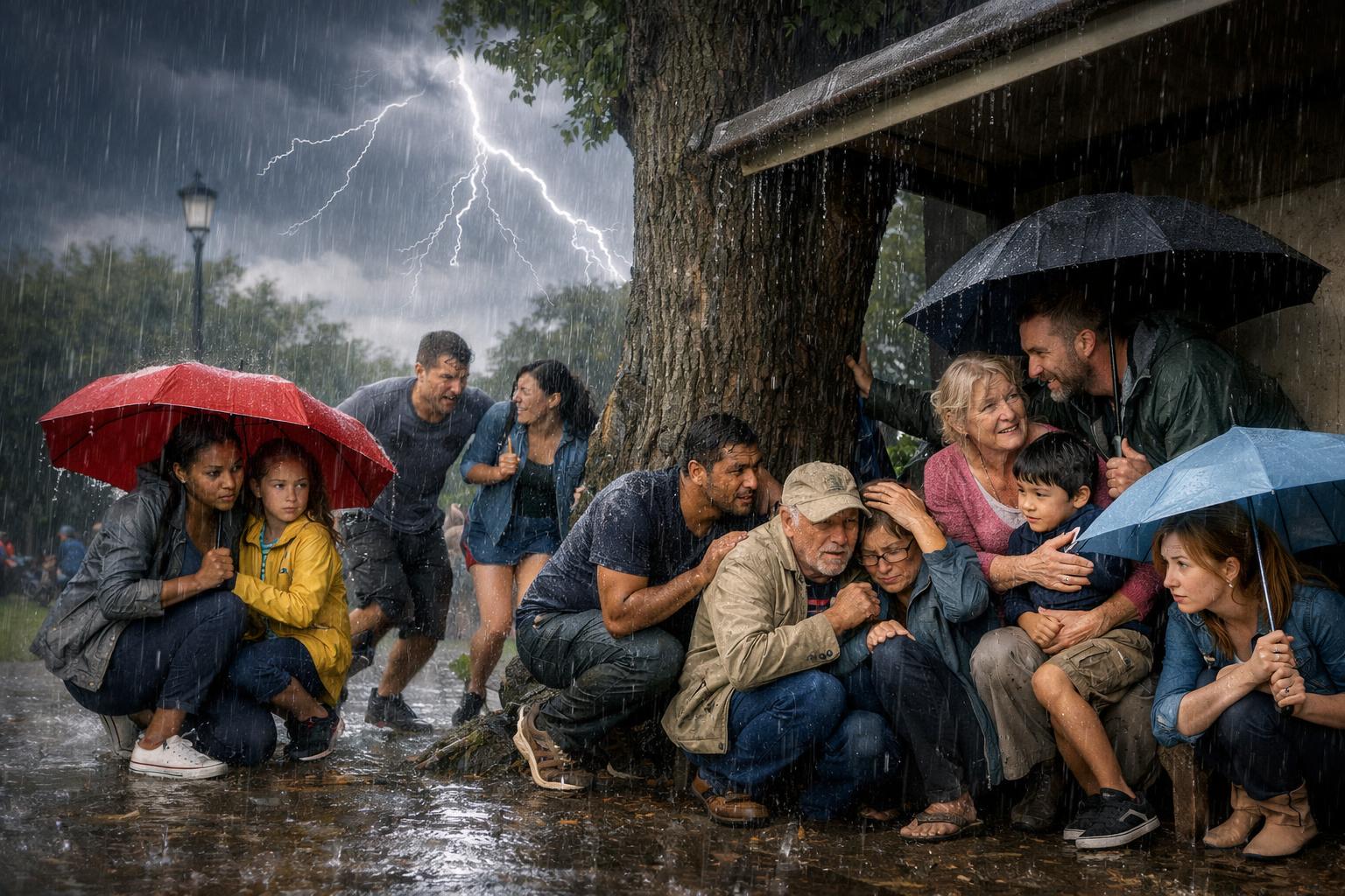A group of people huddle together under umbrellas and a tree for shelter in heavy rain, with lightning in the background—a vivid scene highlighting thunderstorm risks. Some look worried while comforting children, getting wet as they seek safety during late-summer thunderstorms.