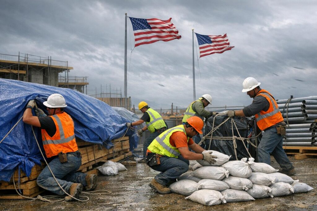 Four construction workers in safety gear secure materials with tarps and sandbags at a worksite, demonstrating careful attention to High-Wind Safety. Two U.S. flags wave in the windy, cloudy background, while scaffolding and stacked pipes are also visible—highlighting common features of active Construction Sites.