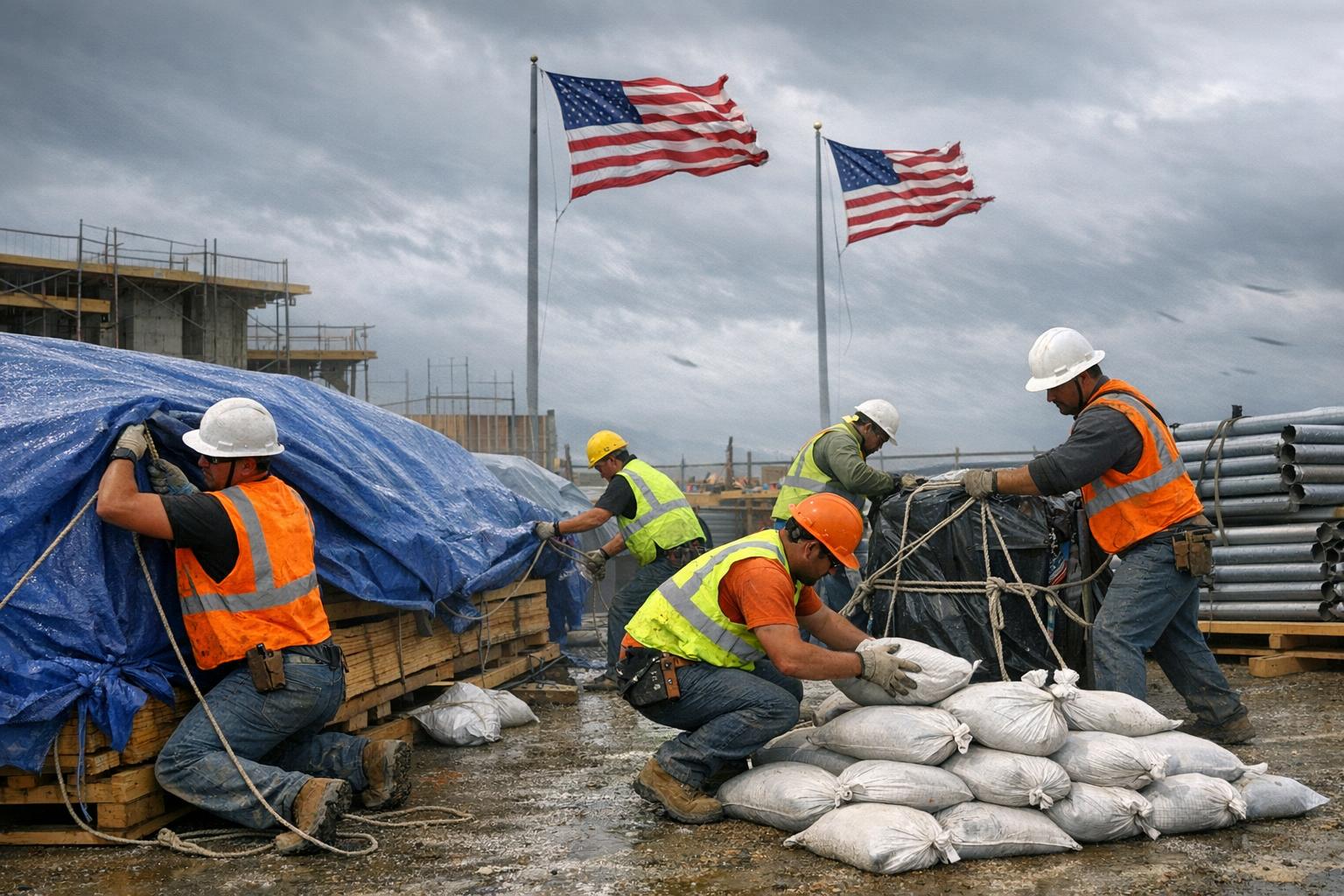 Four construction workers in safety gear secure materials with tarps and sandbags at a worksite, demonstrating careful attention to High-Wind Safety. Two U.S. flags wave in the windy, cloudy background, while scaffolding and stacked pipes are also visible—highlighting common features of active Construction Sites.