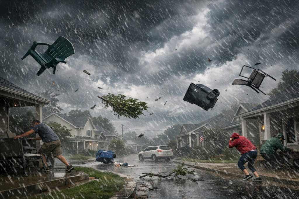 People run for cover as strong winds and rain send outdoor furniture, trash bins, and debris flying through a suburban street under dark stormy skies.