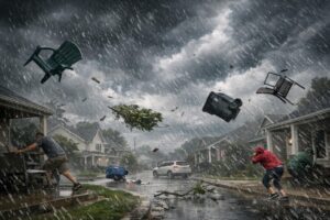 People run for cover as strong winds and rain send outdoor furniture, trash bins, and debris flying through a suburban street under dark stormy skies.