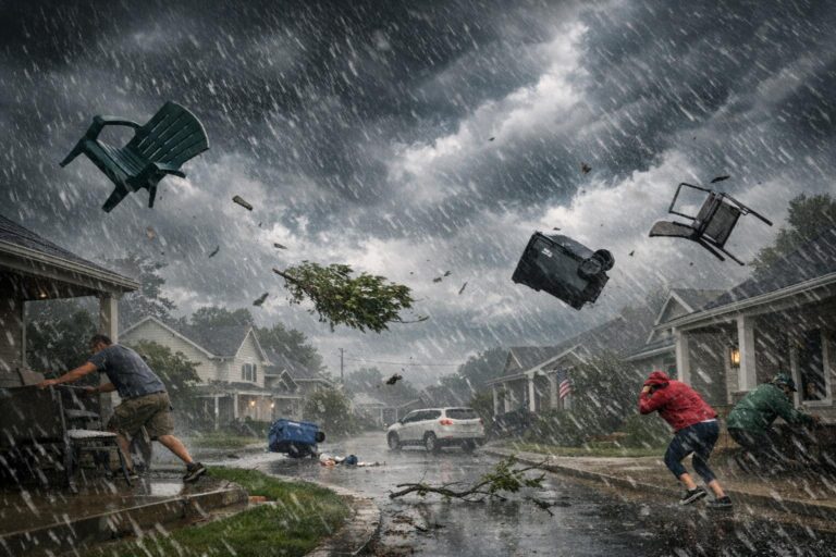 People run for cover as strong winds and rain send outdoor furniture, trash bins, and debris flying through a suburban street under dark stormy skies.