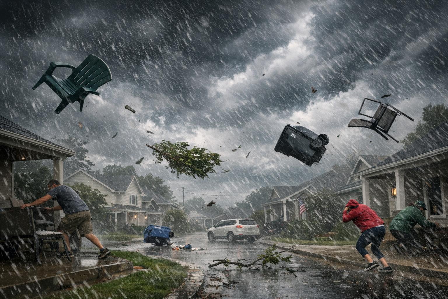 People run for cover as strong winds and rain send outdoor furniture, trash bins, and debris flying through a suburban street under dark stormy skies.