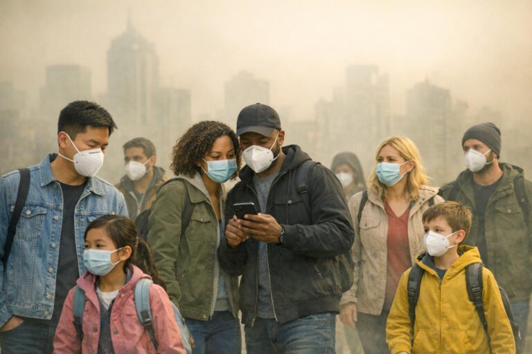A diverse group of people, including children and adults, wear masks while walking outdoors in a city with heavy smog or smoke, illustrating the impact of poor air quality. Tall buildings loom in the hazy background, emphasizing the prevalence of air pollution and its potential health effects on urban residents.