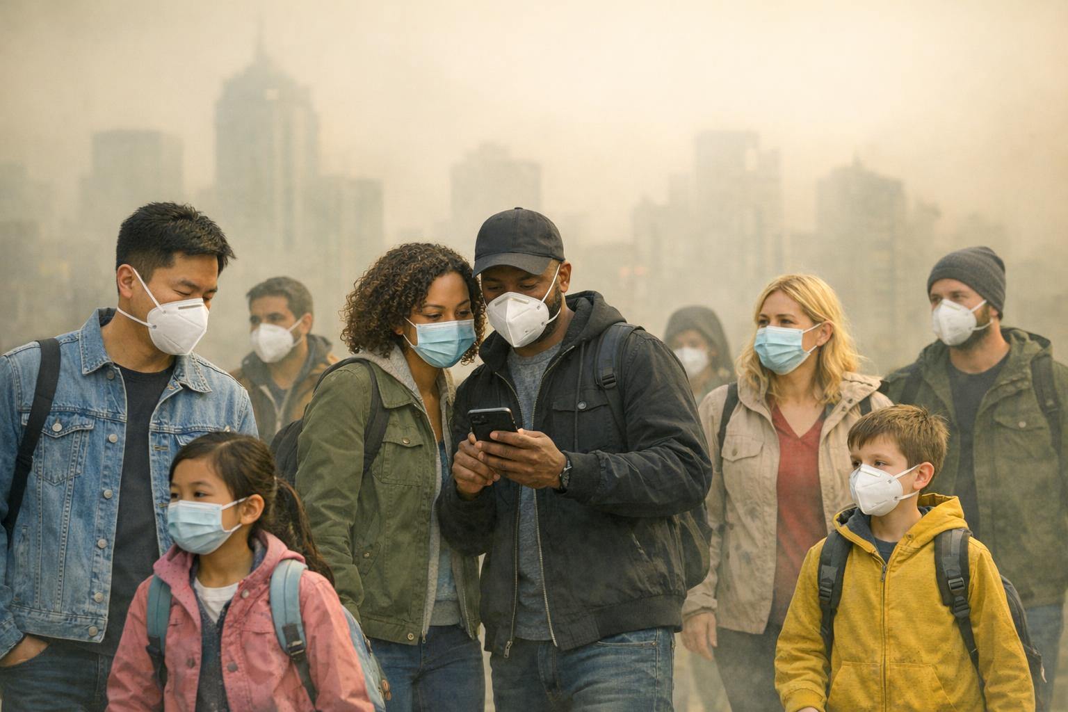 A diverse group of people, including children and adults, wear masks while walking outdoors in a city with heavy smog or smoke, illustrating the impact of poor air quality. Tall buildings loom in the hazy background, emphasizing the prevalence of air pollution and its potential health effects on urban residents.