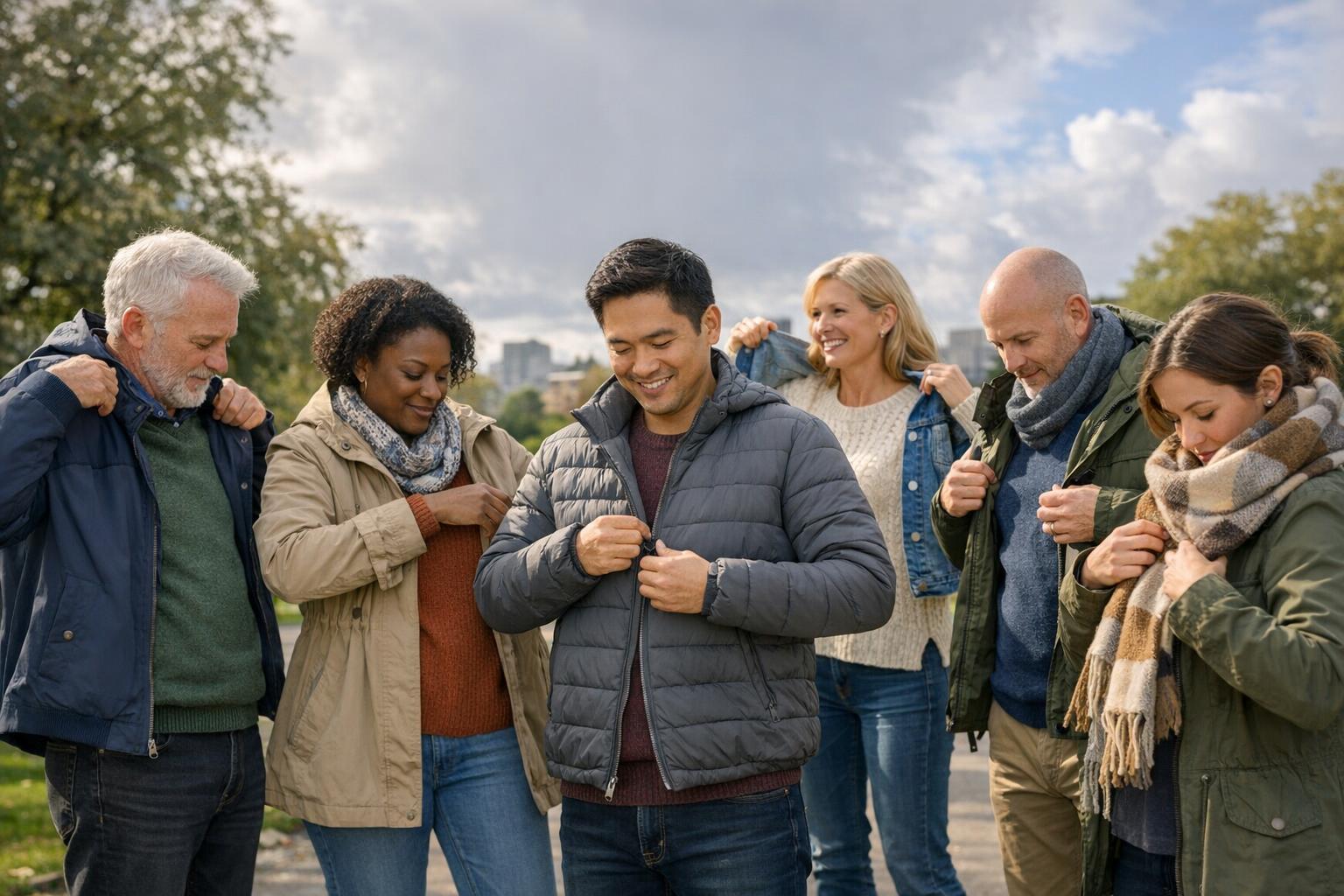 Six adults stand outdoors in jackets, buttoning or zipping up their coats while smiling. Trees and a cloudy sky are in the background, suggesting a cool or windy day.