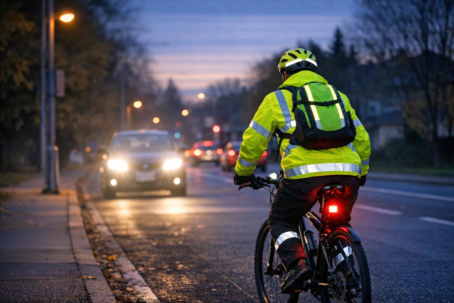 A cyclist wearing a bright reflective jacket and helmet rides on a wet street at dusk, while cars with headlights on approach from the opposite direction—highlighting the increased risk that comes with shorter days.