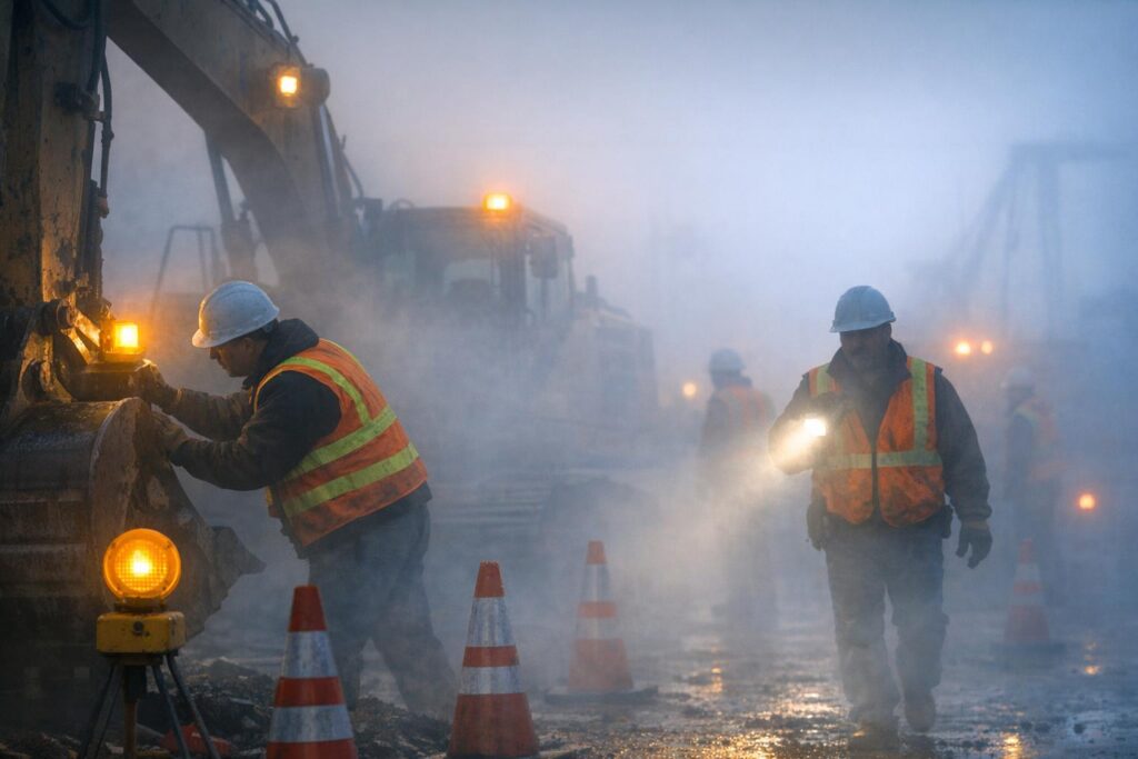 Construction workers in safety vests and helmets work in a foggy, dimly lit area with excavators and traffic cones; one holds a flashlight, others operate machinery.