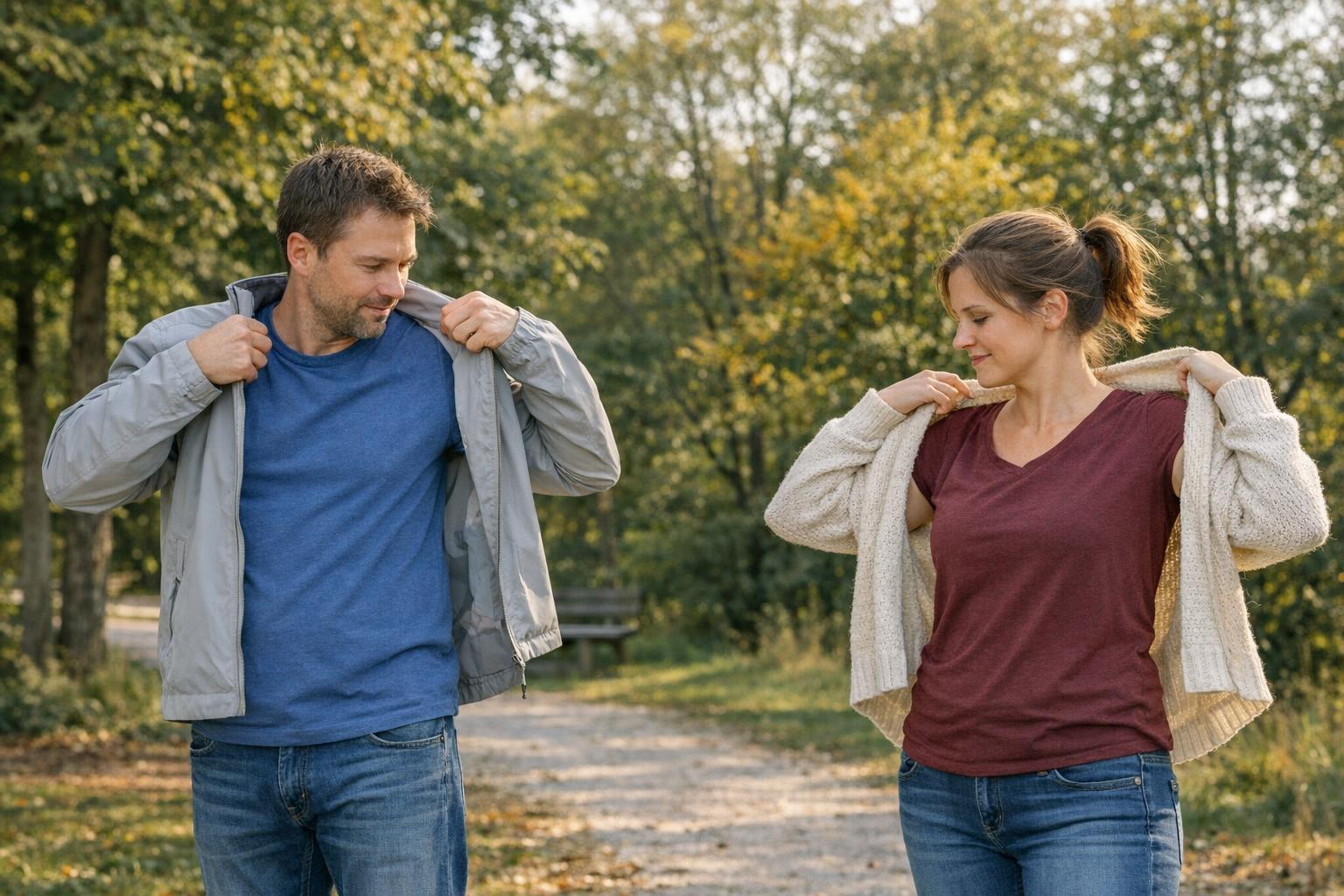 A man and woman put on jackets while standing on a tree-lined path in a park on a sunny day, protecting themselves from temperature swings that can affect health.