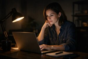 A woman sits at a desk, working on a laptop under a desk lamp at night. She looks focused, with her hand on her chin. A mug, notepad, and phone are on the desk—a scene that highlights the importance of shift safety and staying alert during low-light conditions.