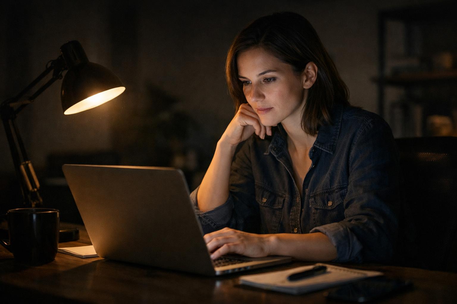 A woman sits at a desk, working on a laptop under a desk lamp at night. She looks focused, with her hand on her chin. A mug, notepad, and phone are on the desk—a scene that highlights the importance of shift safety and staying alert during low-light conditions.