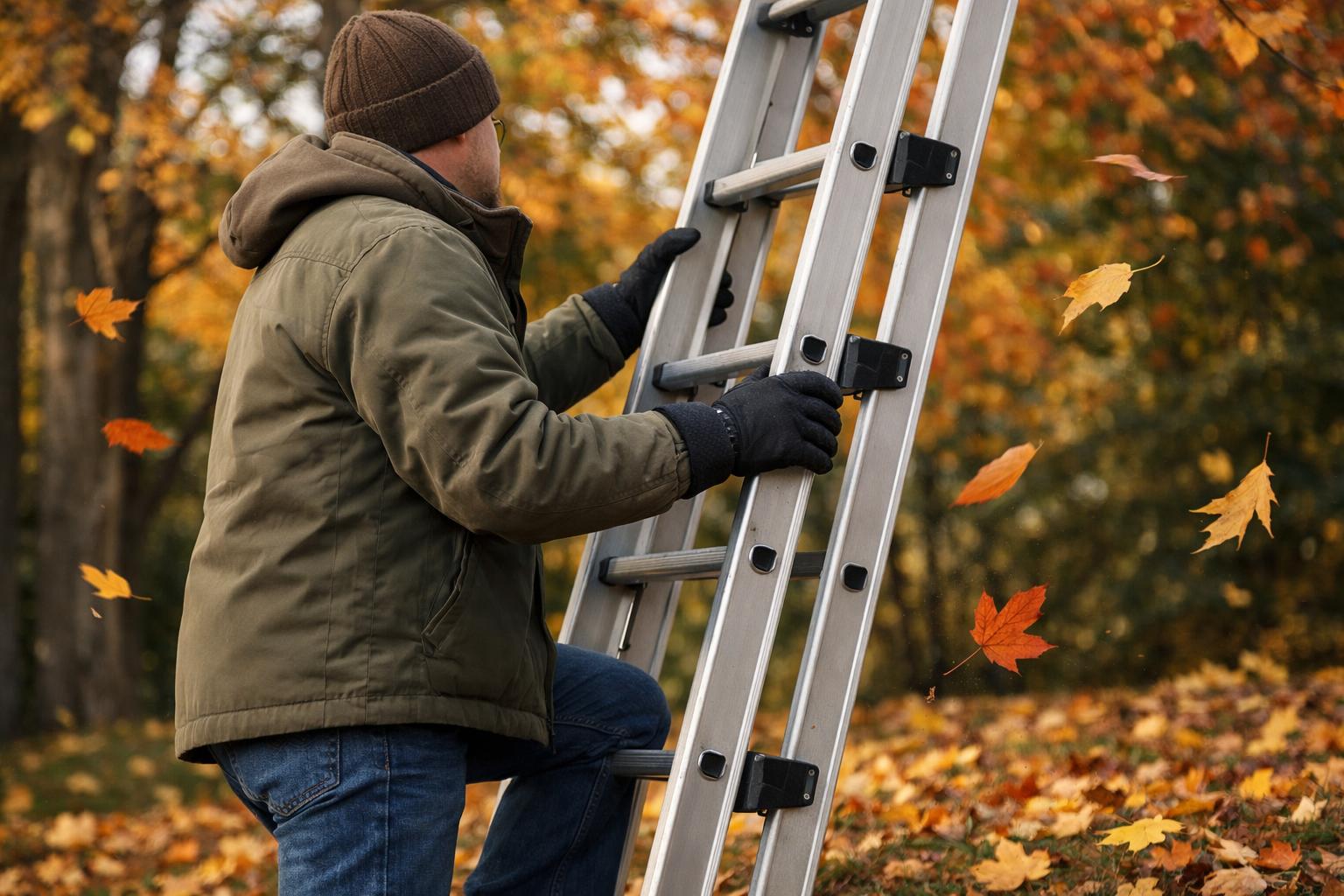 A person in a green jacket and brown hat climbs a metal ladder outdoors in autumn, surrounded by falling orange and yellow leaves, practicing ladder safety to prevent falls amid the swirling autumn wind.