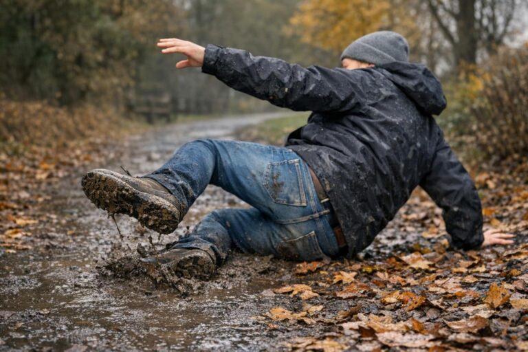 A person in a black jacket, blue jeans, and a gray beanie slips and falls backward onto a muddy, leaf-covered path, splashing water as one hand reaches out to break the fall. Trees with autumn leaves are in the background.